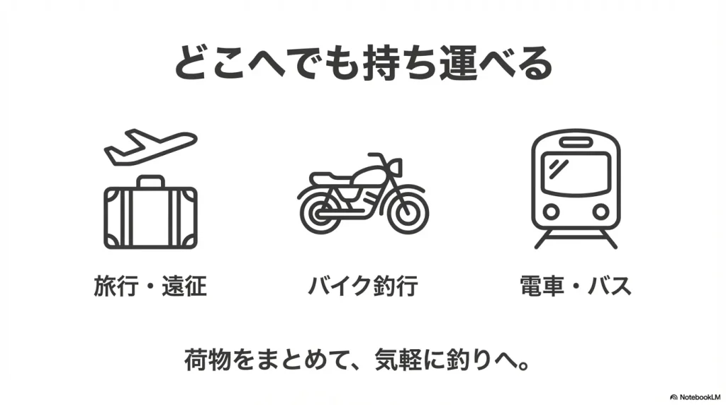 パックロッドがあれば、旅行や遠征、公共交通機関での移動も便利