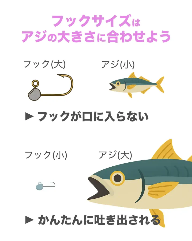 アジングで使うジグヘッドは、アジの大きさとフックサイズを合わせる必要がある。これが合っていないと、フッキング率が下がってしまう。