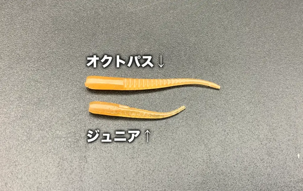 34のアジングワーム「オクトパス」と「Jr(ジュニア)」の大きさ比較。