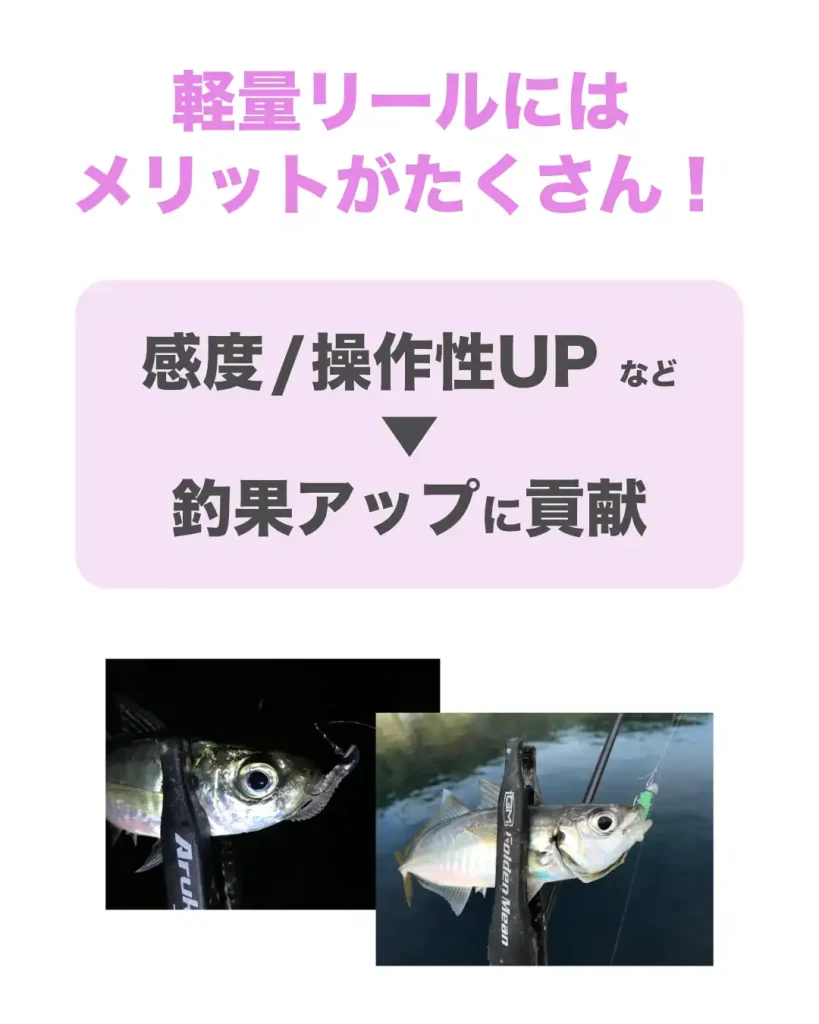 アジングでは軽量リールを使うメリットが多い。感度や操作性が上がるので、釣果アップにつながる。