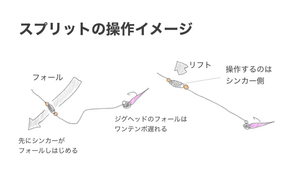 アジングのスプリットショットリグの操作イメージ。操作するのはシンカー側。アクションを入れた後は、先にシンカーがフォールし始めて、ジグヘッドのフォールはワンテンポ遅れる。