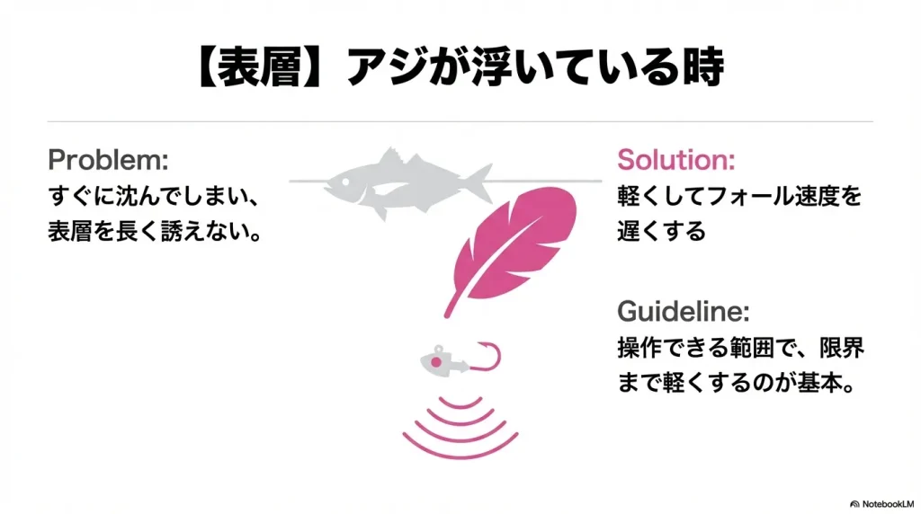 アジが表層にいるときはジグヘッドを軽くする。