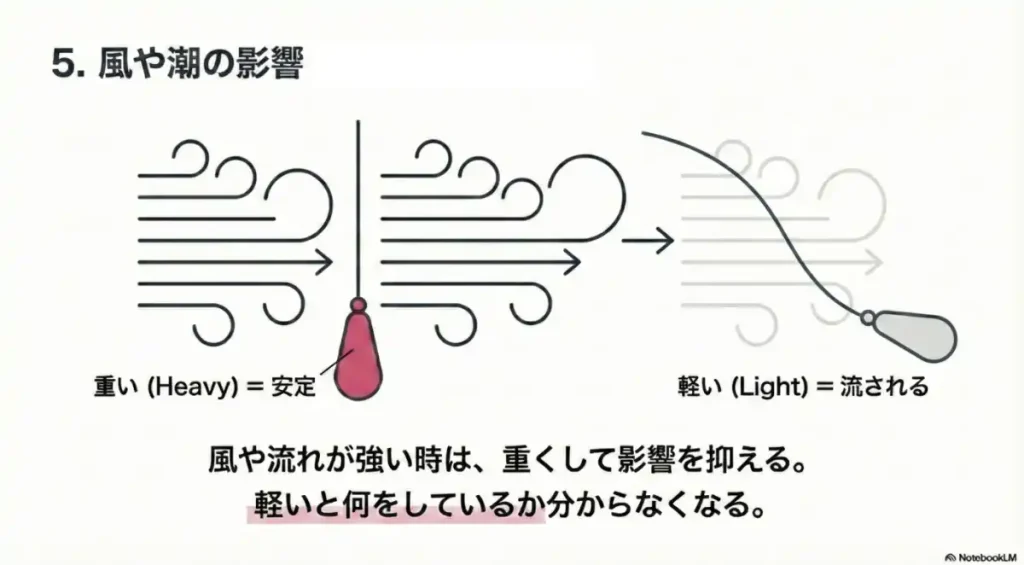 アジングのジグヘッドの重さが変われば、風や潮から受ける影響が変わる。