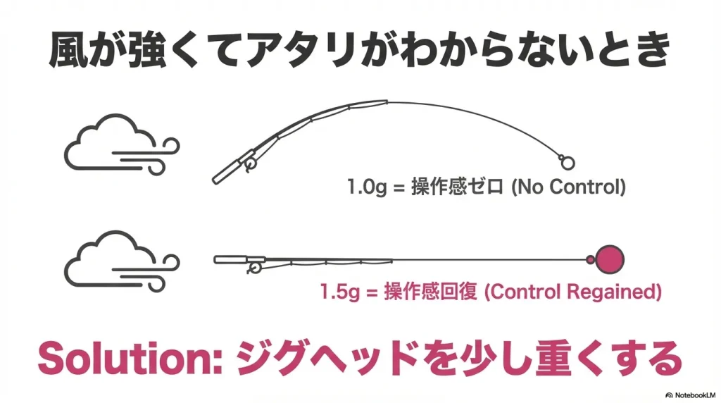アジングをしていて風が強くてアタリが分からない時はジグヘッドを少し重くしてラインを押さえてあげる。