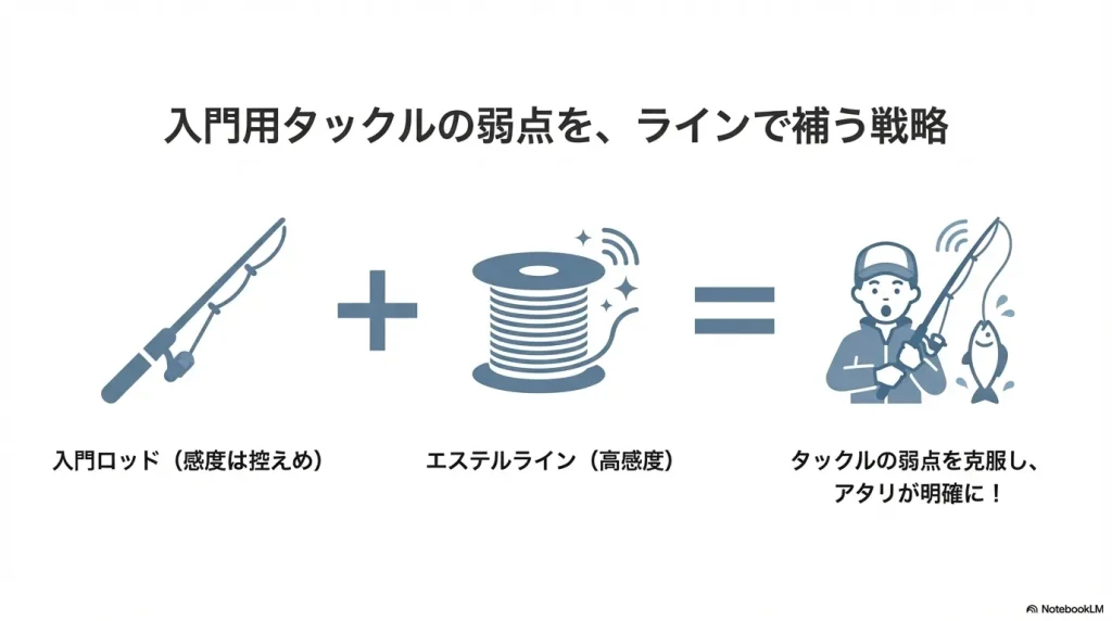 アジングで感度の低い入門タックルにエステルラインを合わせることで感度を底上げする戦略。