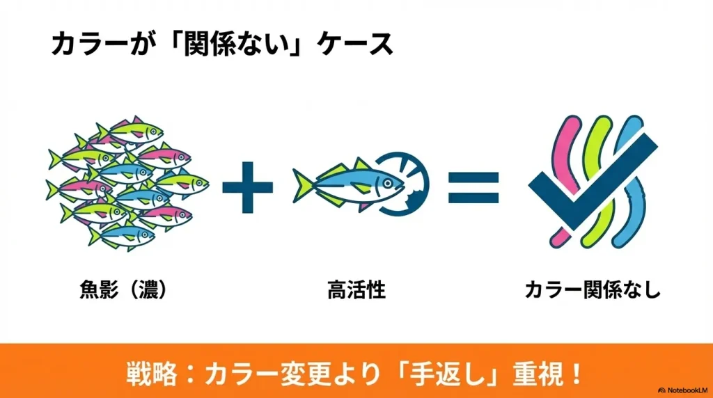 アジングで、高活性や魚影が濃いポイントでは、ワームカラーは関係ないことが多い。