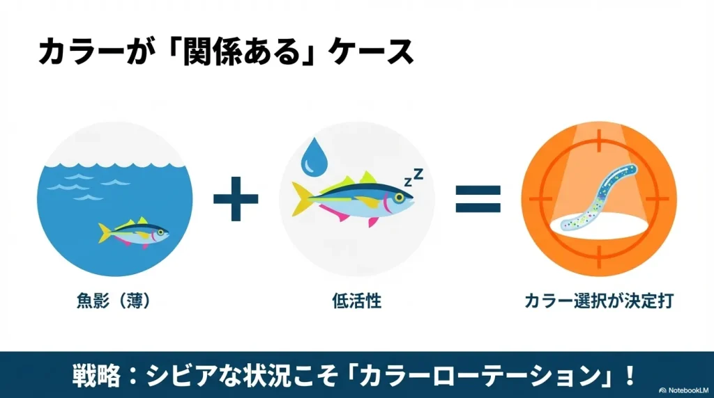 アジングで、魚影が薄いポイントや低活性時にはワームカラーで釣果が変わることが多い