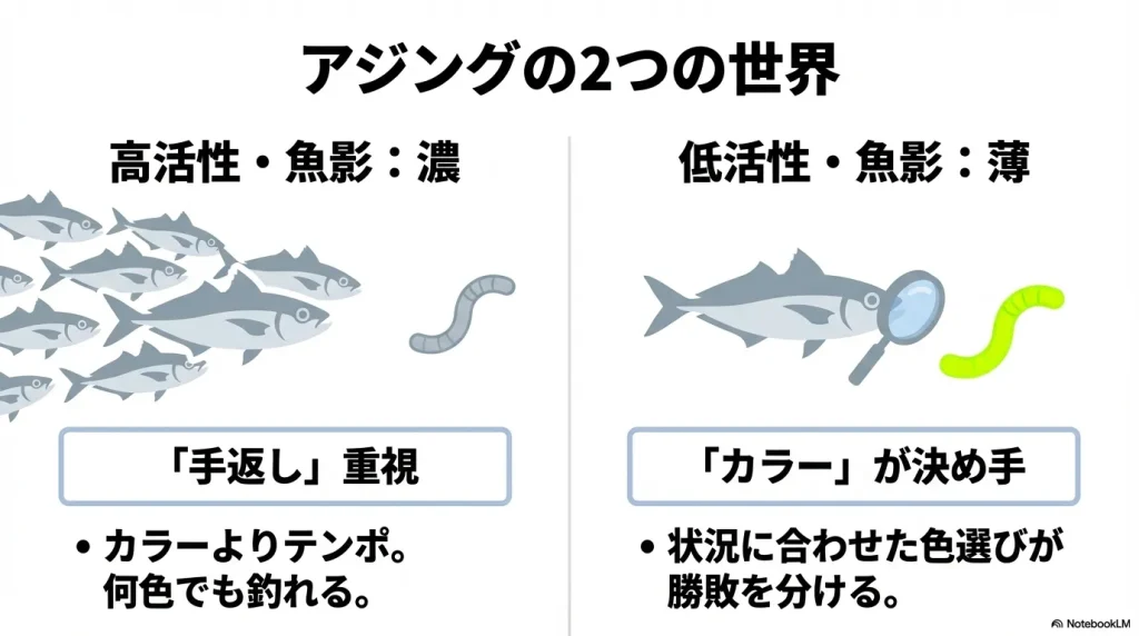 アジングの高活性・低活性、魚影が濃い・薄い、とワームカラーの関係性