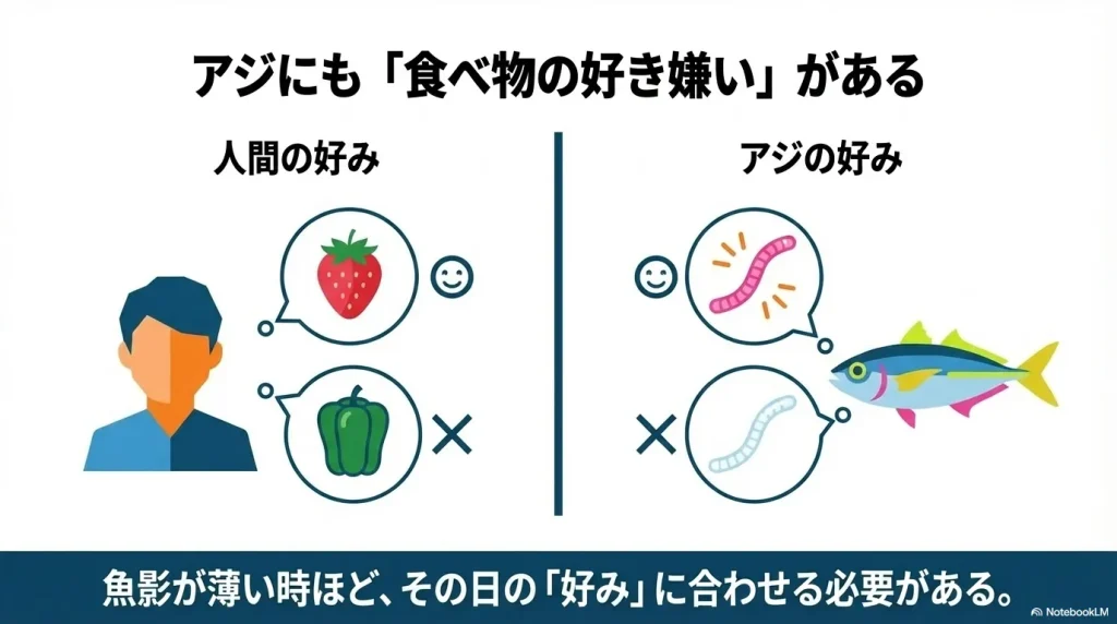 アジにも人間と同じように食べ物のの好き嫌いがある説。