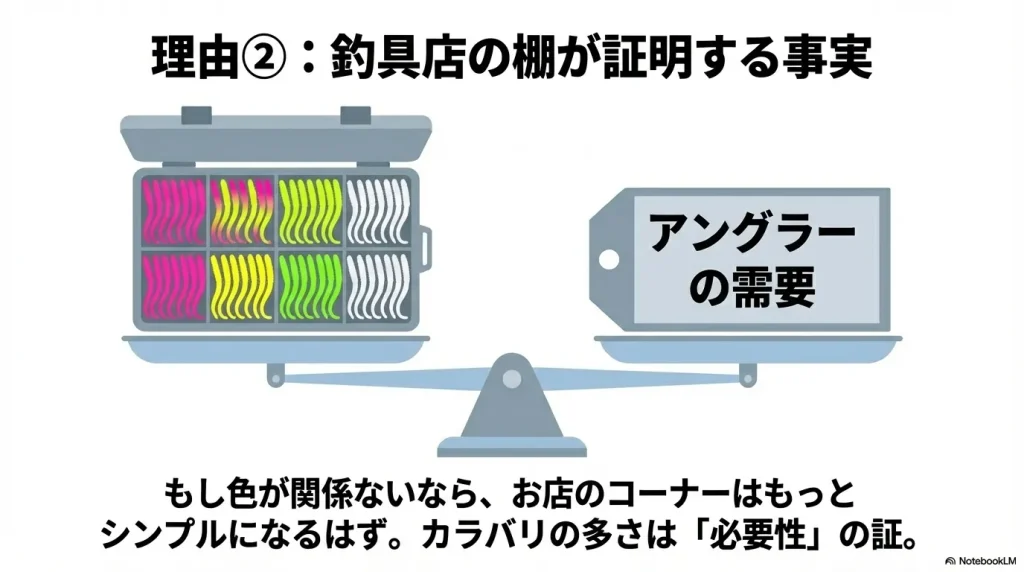 釣具屋ではアジングワームのカラーバリエーションが豊富→カラーが釣果に関係することの理由のひとつ