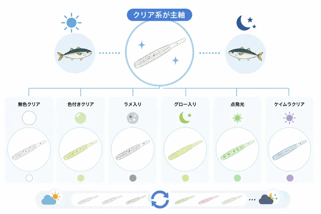 アジングワームのカラー選びは、クリア系が軸になる