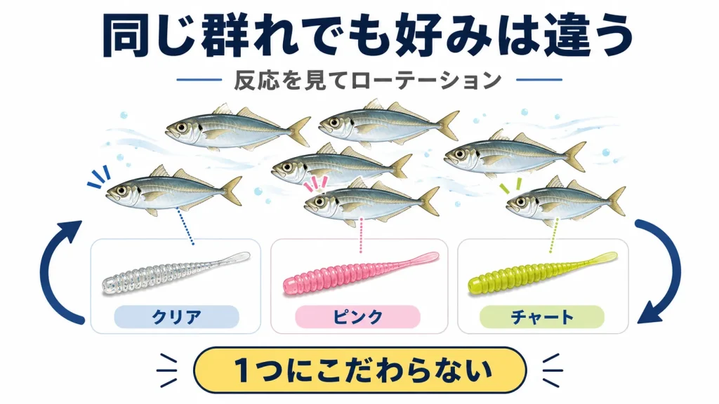 アジは同じ群れでもワームの好みに個体差がある。形状やカラーをローテして反応を探ろう