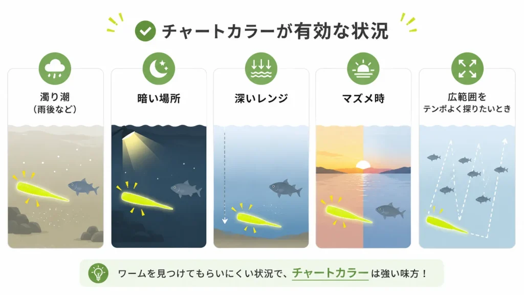 アジングでチャートカラーのワームが有効なシチュエーション