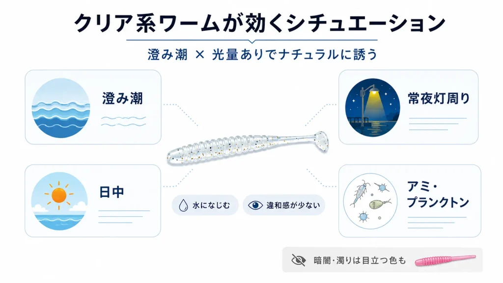 アジングでクリア系ワームが効くシチュエーション