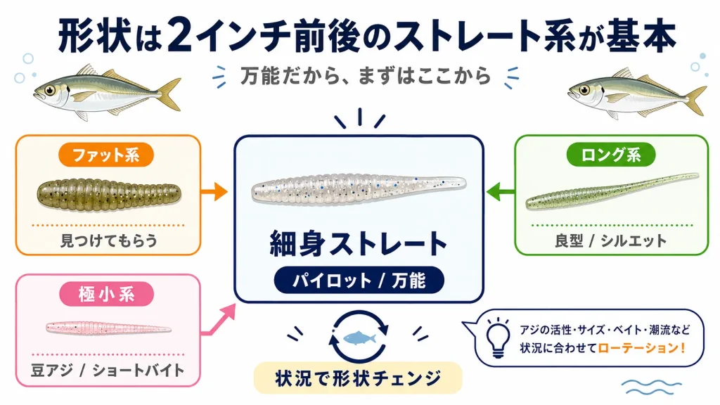 アジングワームの基本は2インチ前後のストレート系